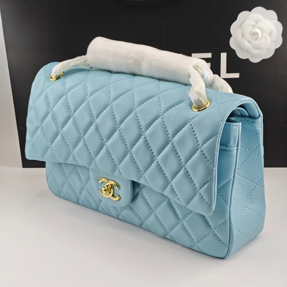Ch**el Classic 11.12 Handbag Gold Tone Metal Light Blue 30Cm