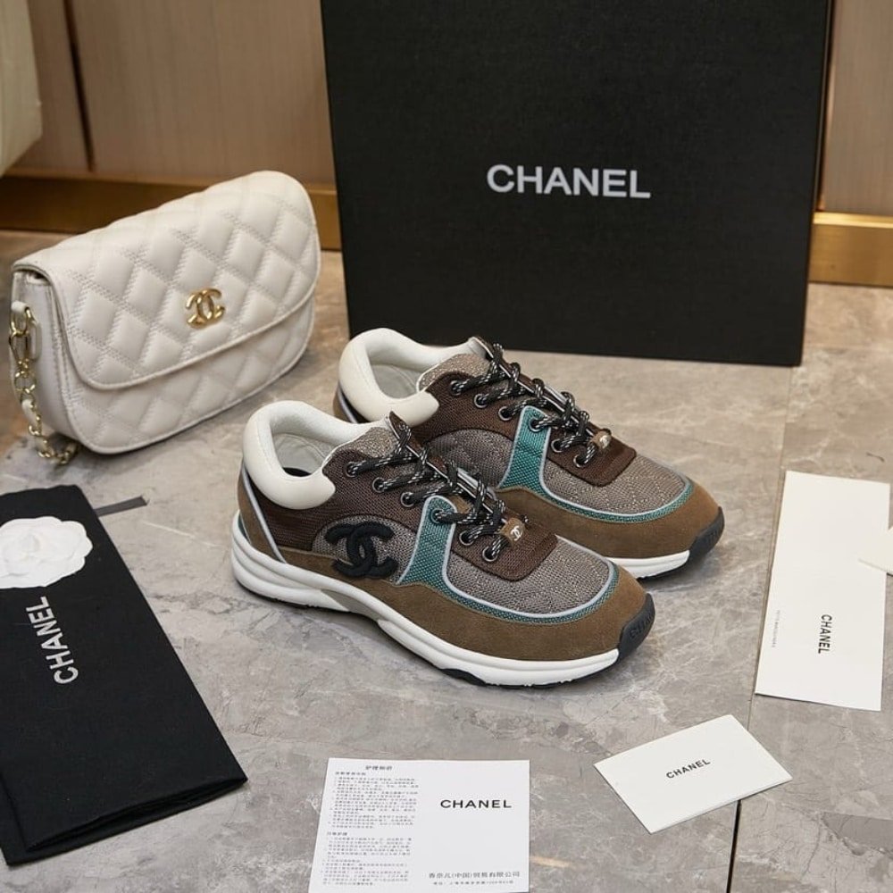 Ch**el Cc Logo Low Top Trainer Sneakers Brown And White G38301 Y55434 K3161