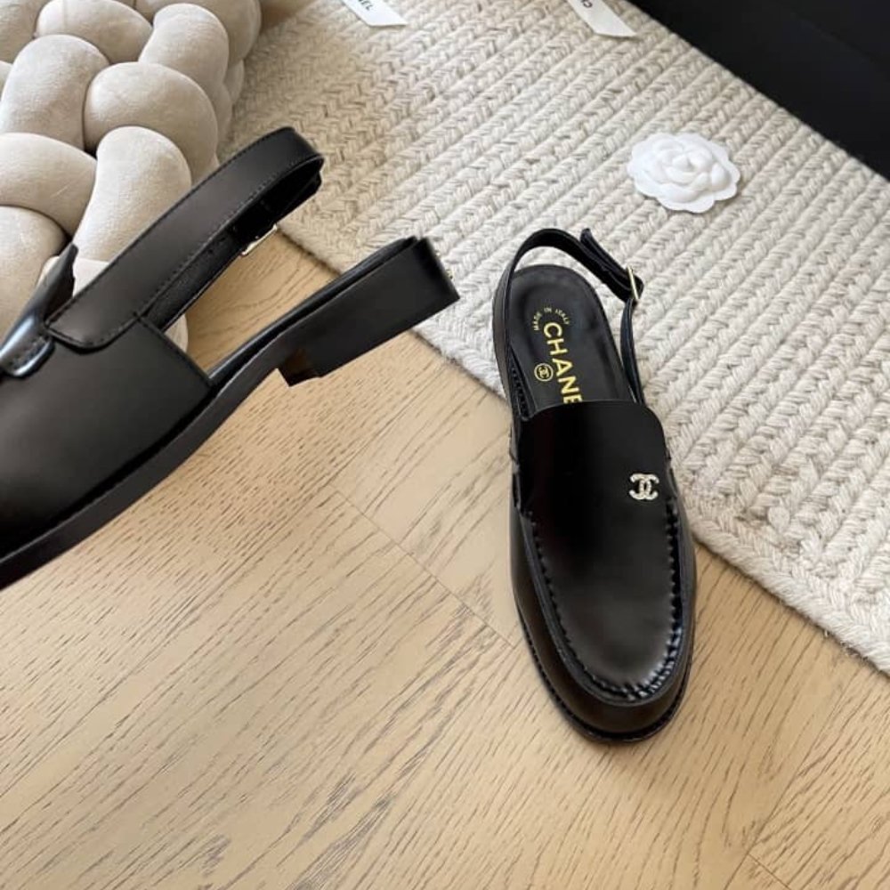 Ch**el Interlocking Cc Logo Slingback Flats Black