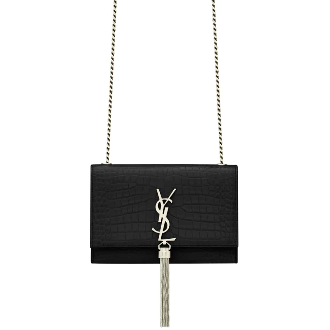 Sa1nt Lau*nt Kate Small Tassel In Crocodile Embossed Leather Silver Black 19Cm 474366Dnd0N1000