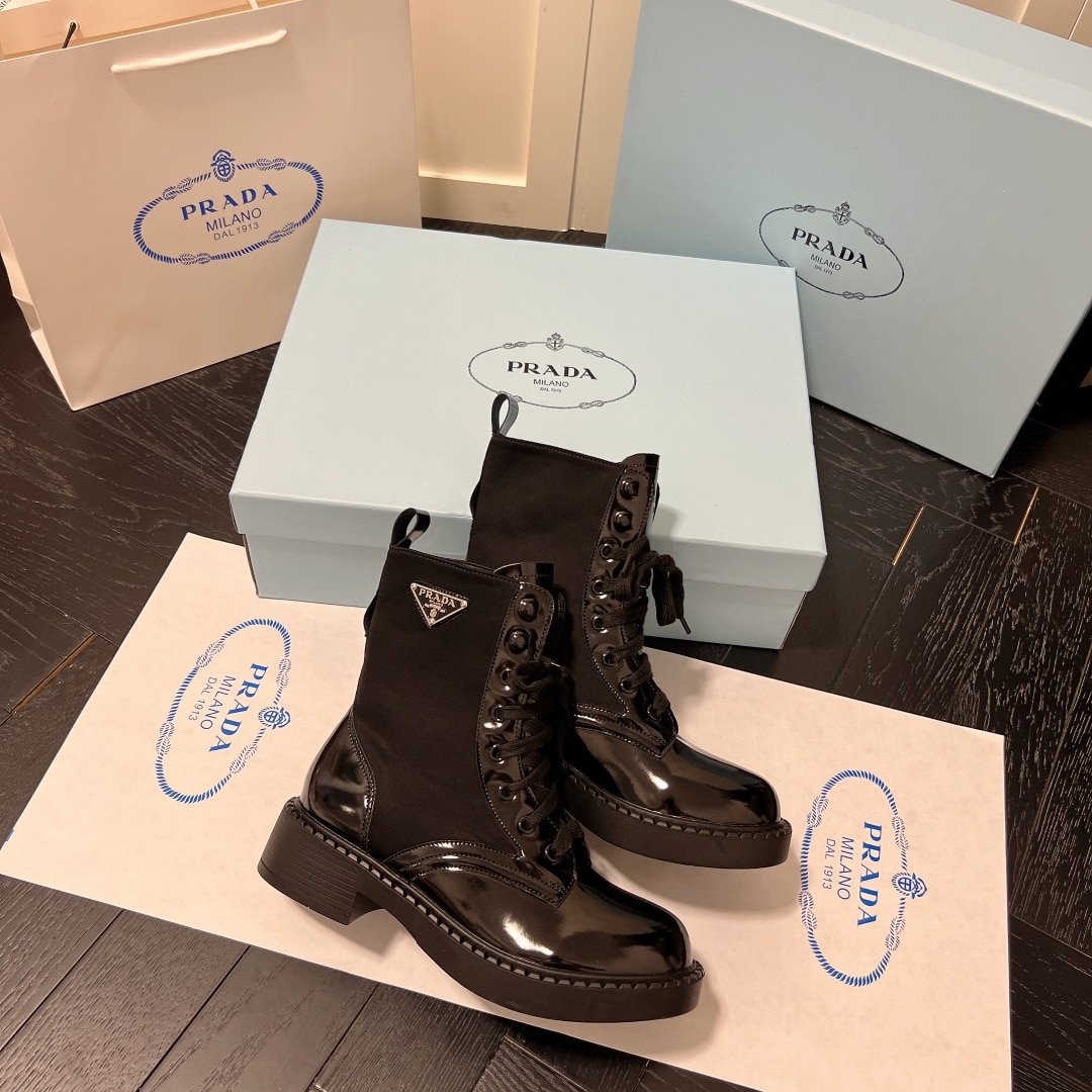Pra*a Brushed Leather And Re Nylon Boots Black 1T782M 3Lf7 F0002 F B050