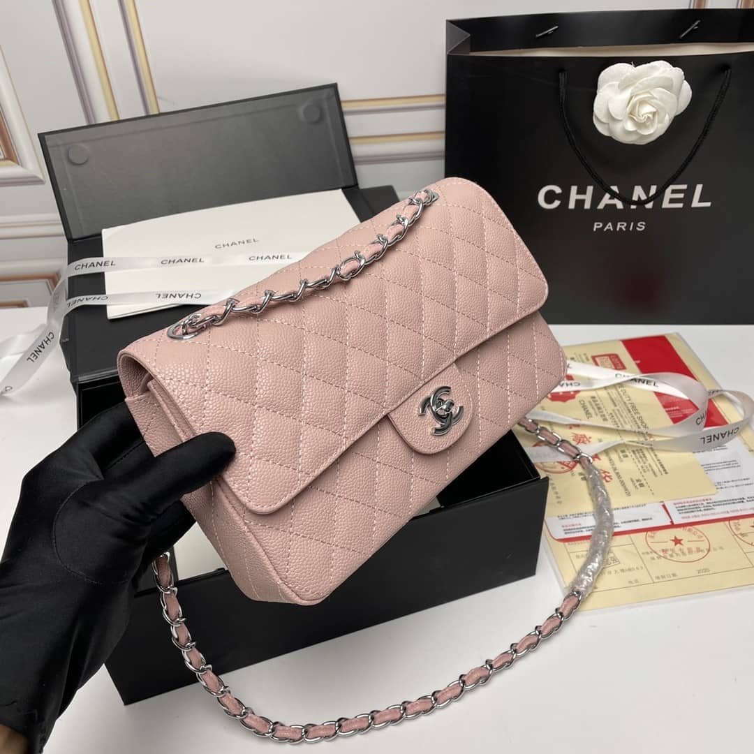 Ch**el Medium Classic Flap Bag Silver Hardware Pink 25Cm