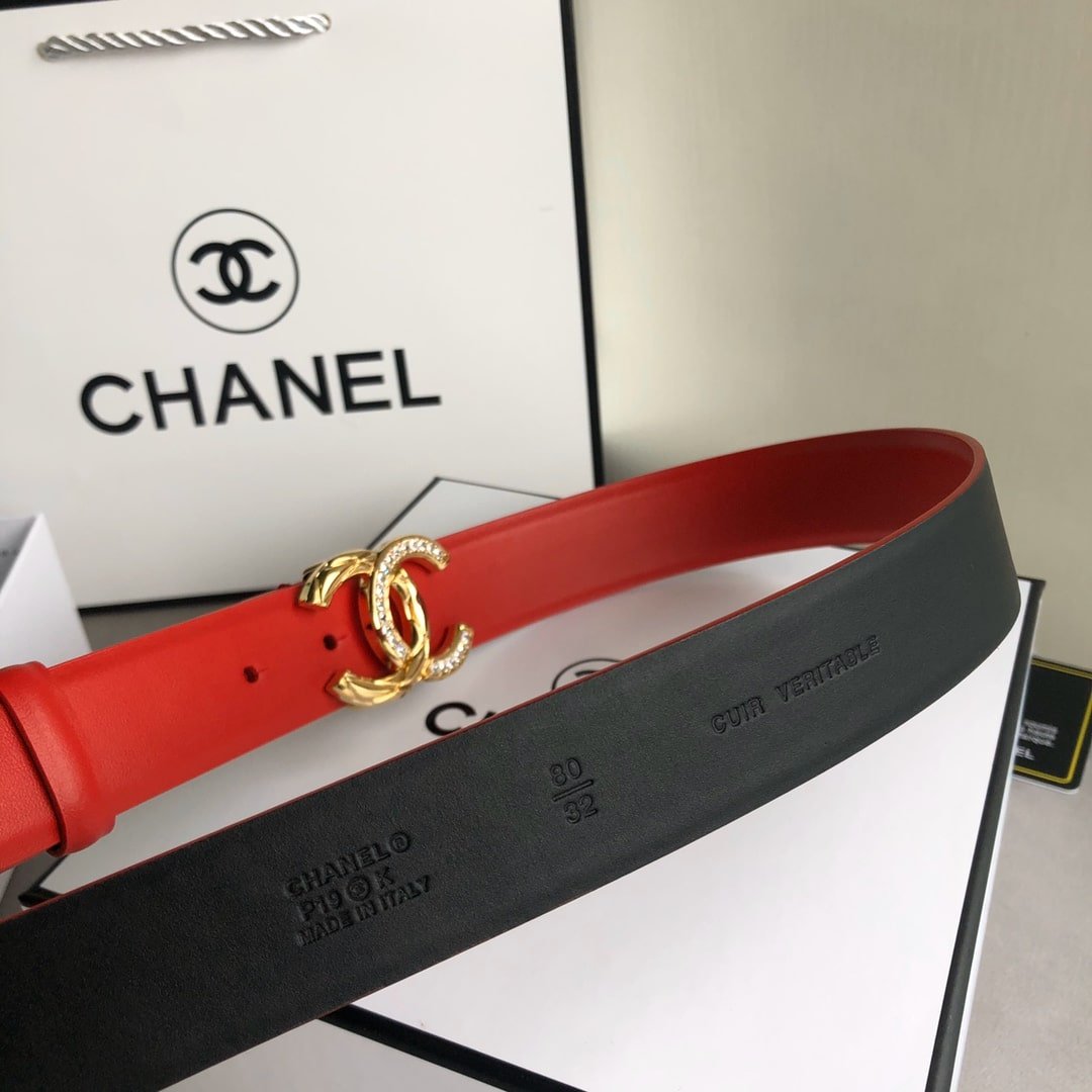 Ch**el Leather Belt With Cc Pearl And Gold Tone Metal Red 3Cm