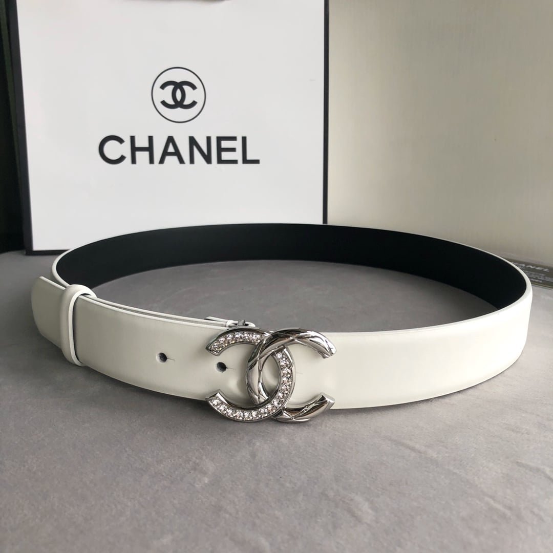 Ch**el Leather Belt With Cc Pearl And Silver Tone Metal White 3Cm