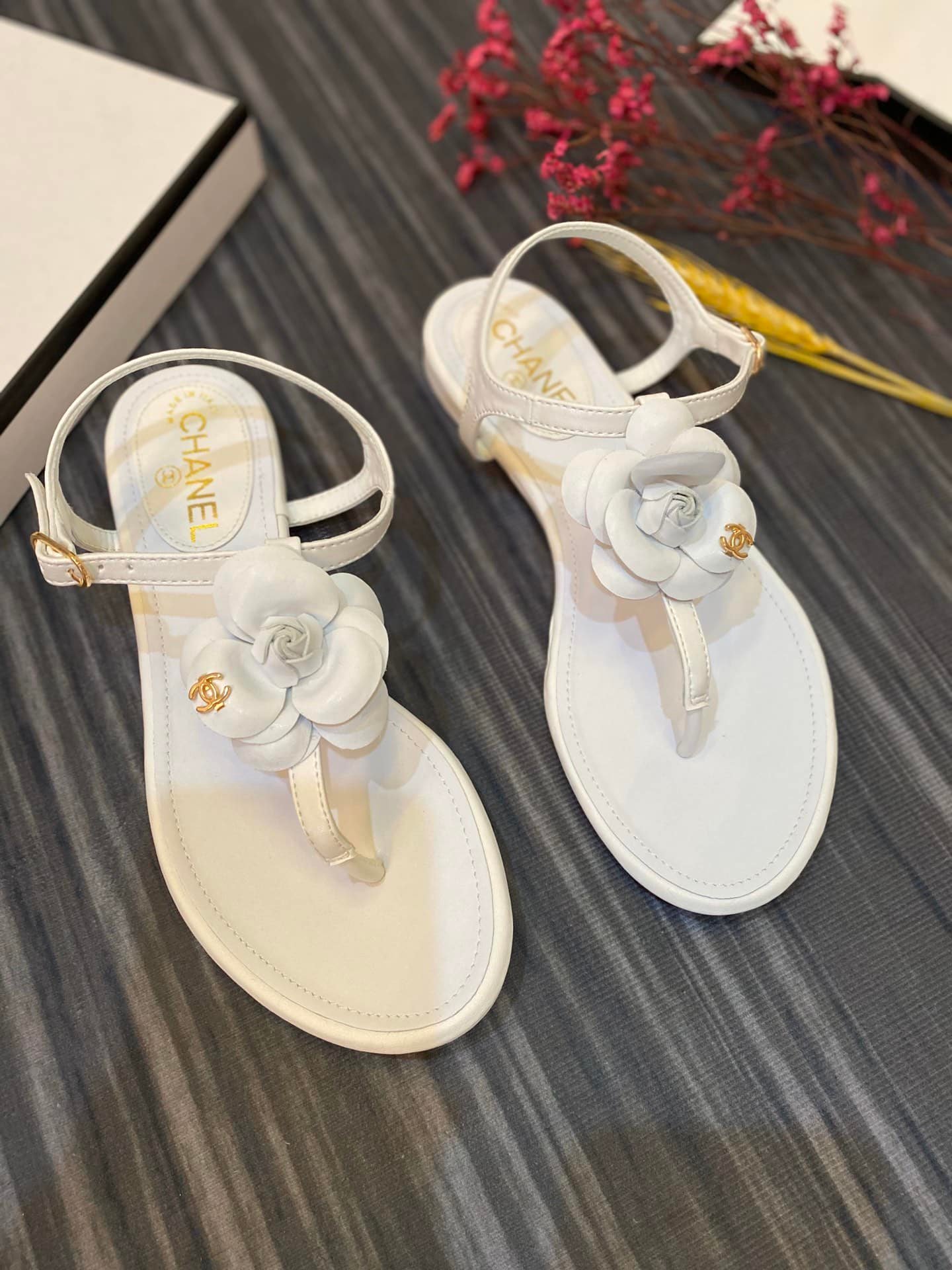 Ch**el Jelly Rubber Camellia Sandals White