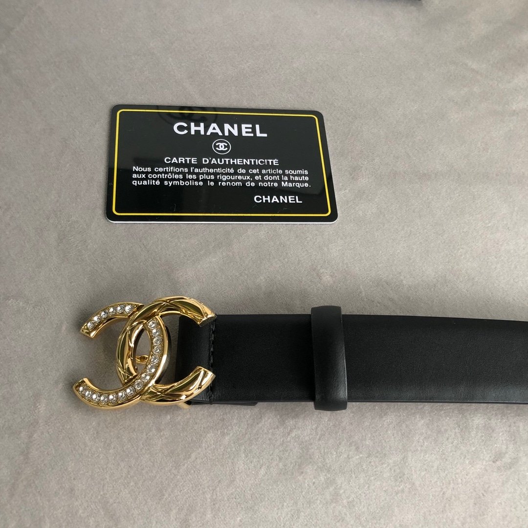 Ch**el Leather Belt With Cc Pearl And Gold Tone Metal Black 3Cm