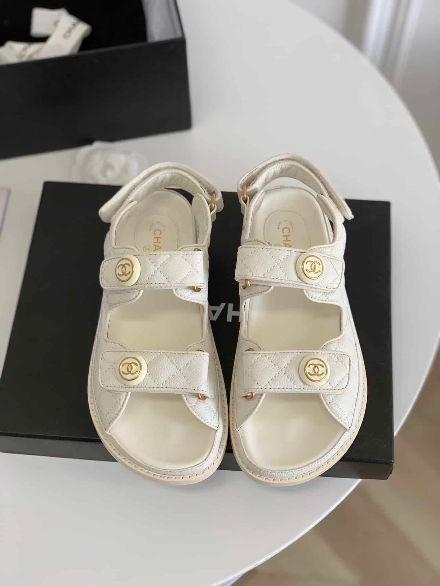 Ch**el Cc Button Velcro White Sandals Grained Calfskin Leather