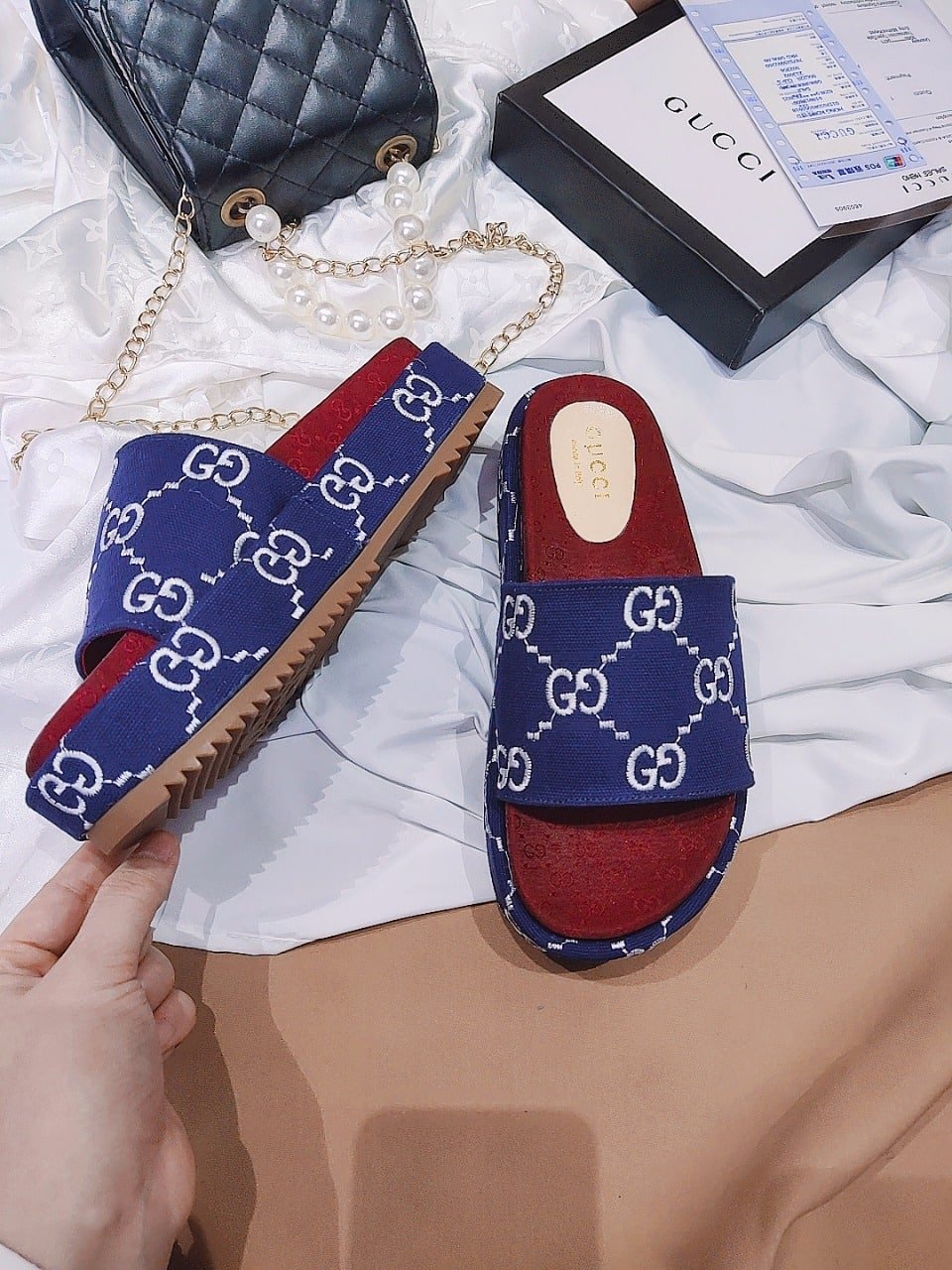 Gvc*1 Women’S With Gg Pattern Slide Sandal Dark Blue