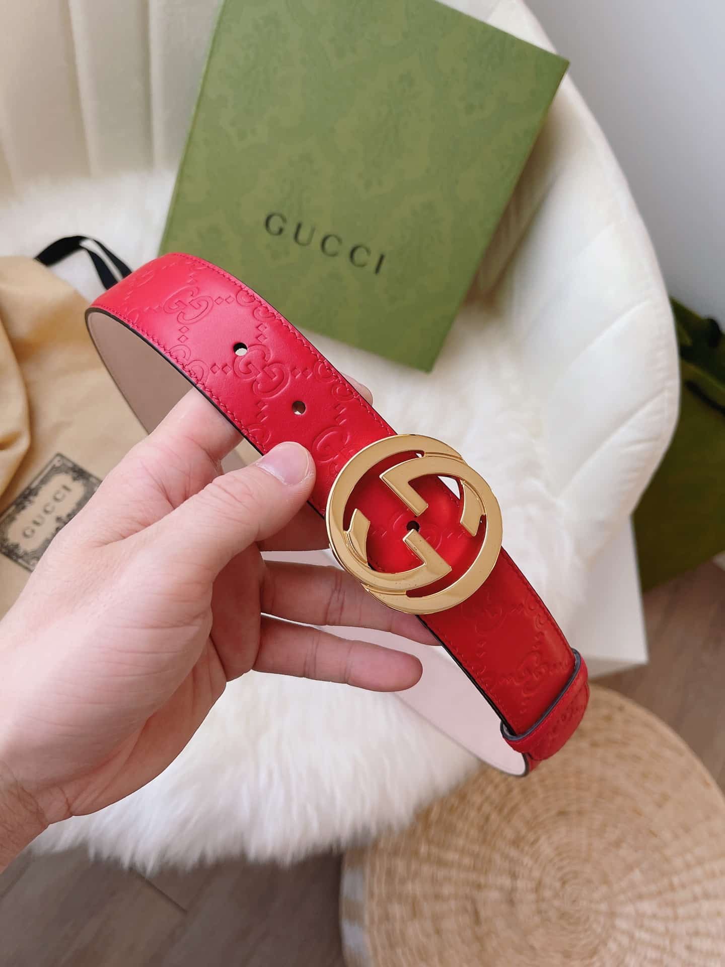 Gvc*1 Calfskin Monogram Red Belt Gold Metal 3.5Cm