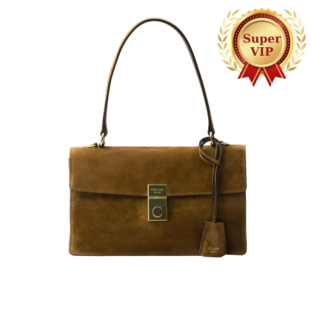 [S*per Vip 1:1] Pra*a Soft Sound Medium Suede Shoulder Bag Brown 28Cm Bn023 2C4S F0324 V Too