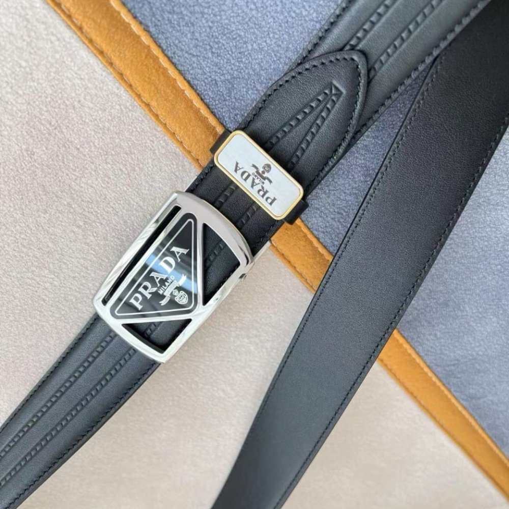 Pra*a Saffiano Leather Belt Silver Hardware In Black