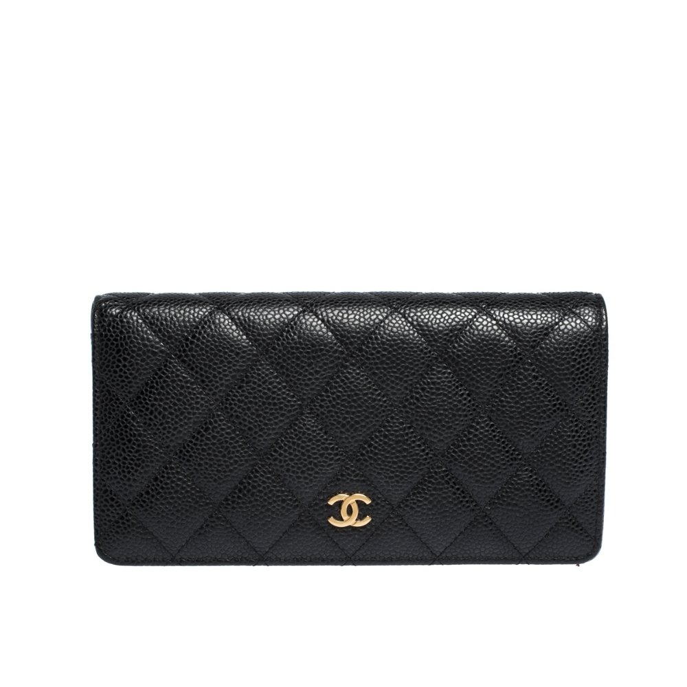 Ch**el Black Caviar Leather Classic Long Flap Wallet 19.5Cm