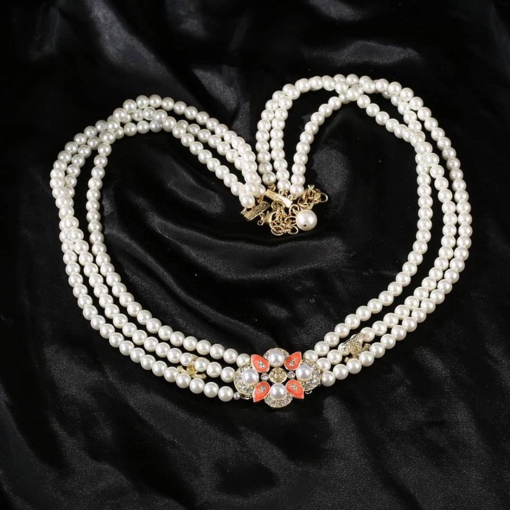 Ch**el Double Strand Pearl Belt with Coral Floral Charm