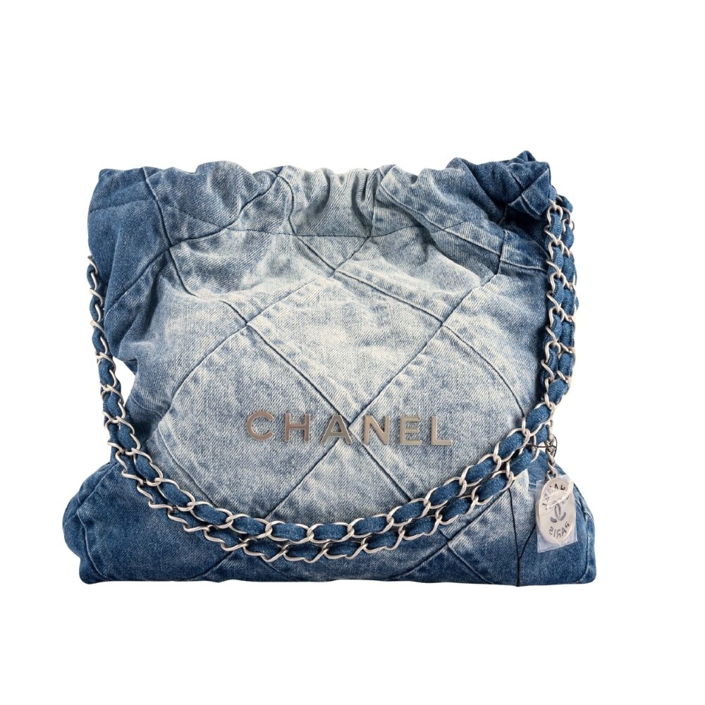 Ch**el 22 Handbag Washed Denim Silver Tone Metal Blue 41Cm AS3261 B10439 NM981