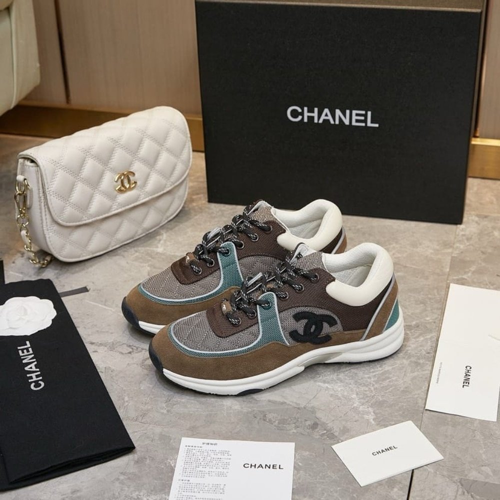 Ch**el Cc Logo Low Top Trainer Sneakers Brown And White G38301 Y55434 K3161