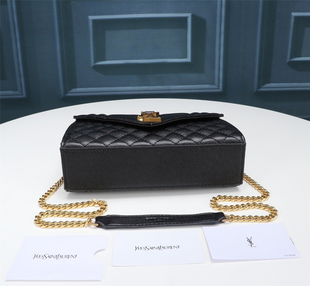 Sa1nt Lau*nt Envelope Small In Quilted Grain De Poudre Embossed Leather Gold Black 21Cm 600195Bow911000