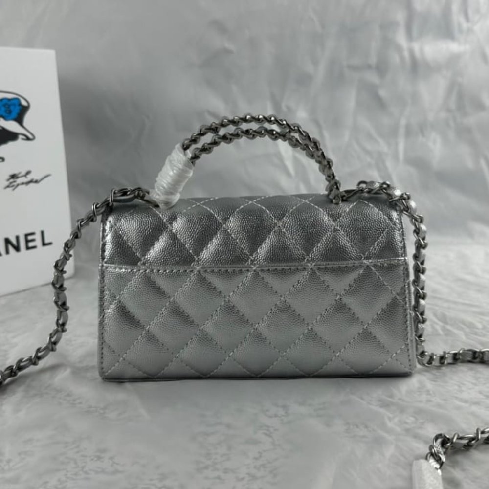 Ch**el 23P Clutch With Chain Bag Grained Leather Silver 18cm