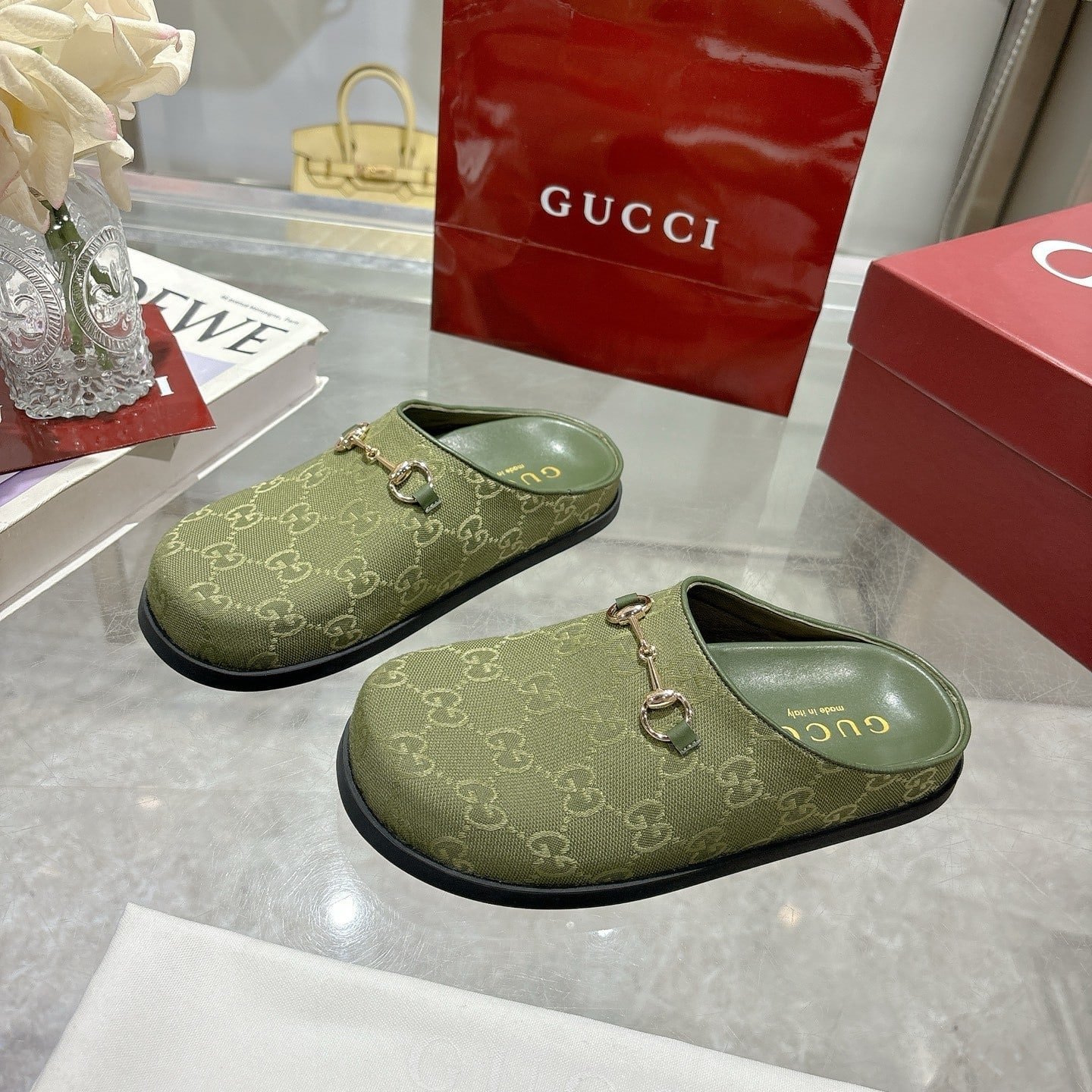 Gvc*1 Women Mule With Horsebit Dark Green Gg Canvas 837130 Fab10 3046
