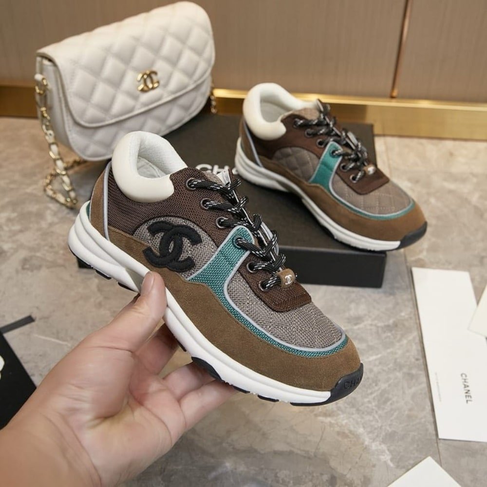 Ch**el Cc Logo Low Top Trainer Sneakers Brown And White G38301 Y55434 K3161