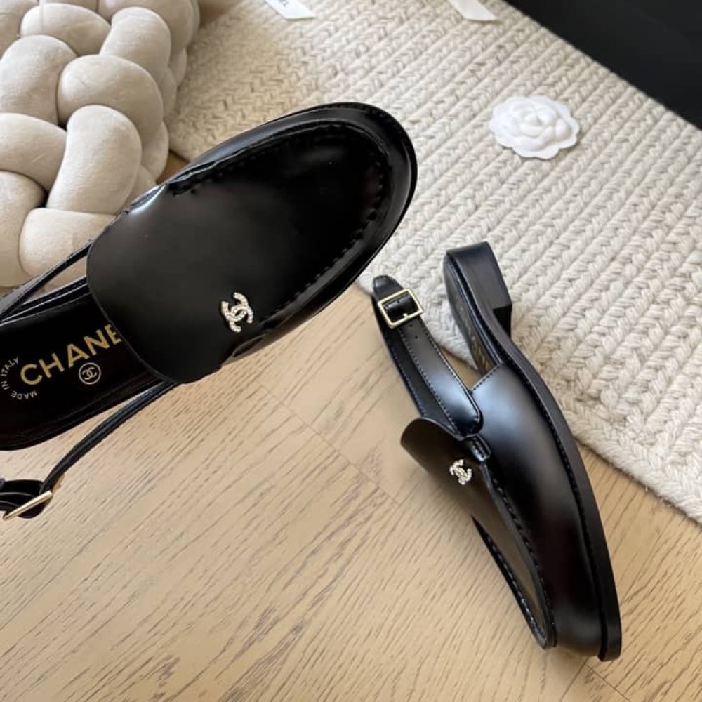 Ch**el Interlocking Cc Logo Slingback Flats Black