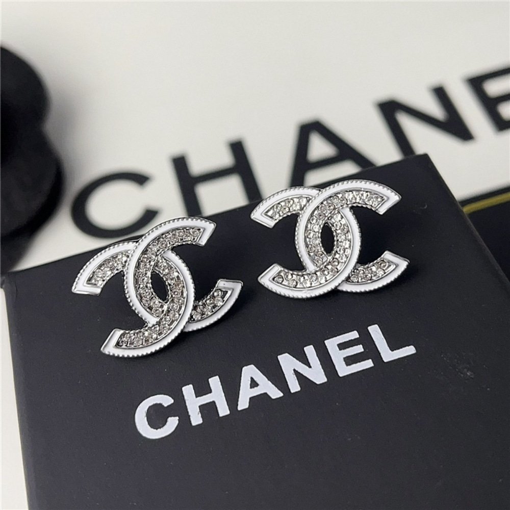Ch**el Stud Earrings Silver White And Crystal Abe867 B19263 Naddv