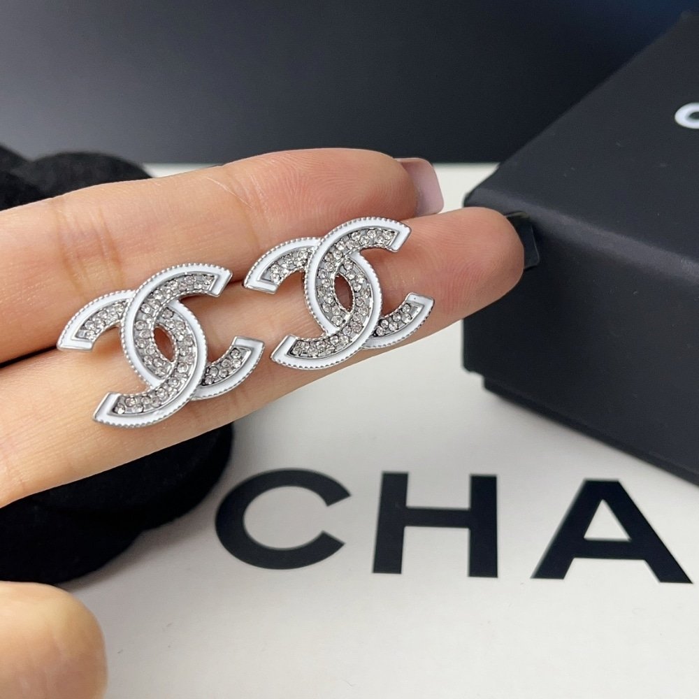Ch**el Stud Earrings Silver White And Crystal Abe867 B19263 Naddv