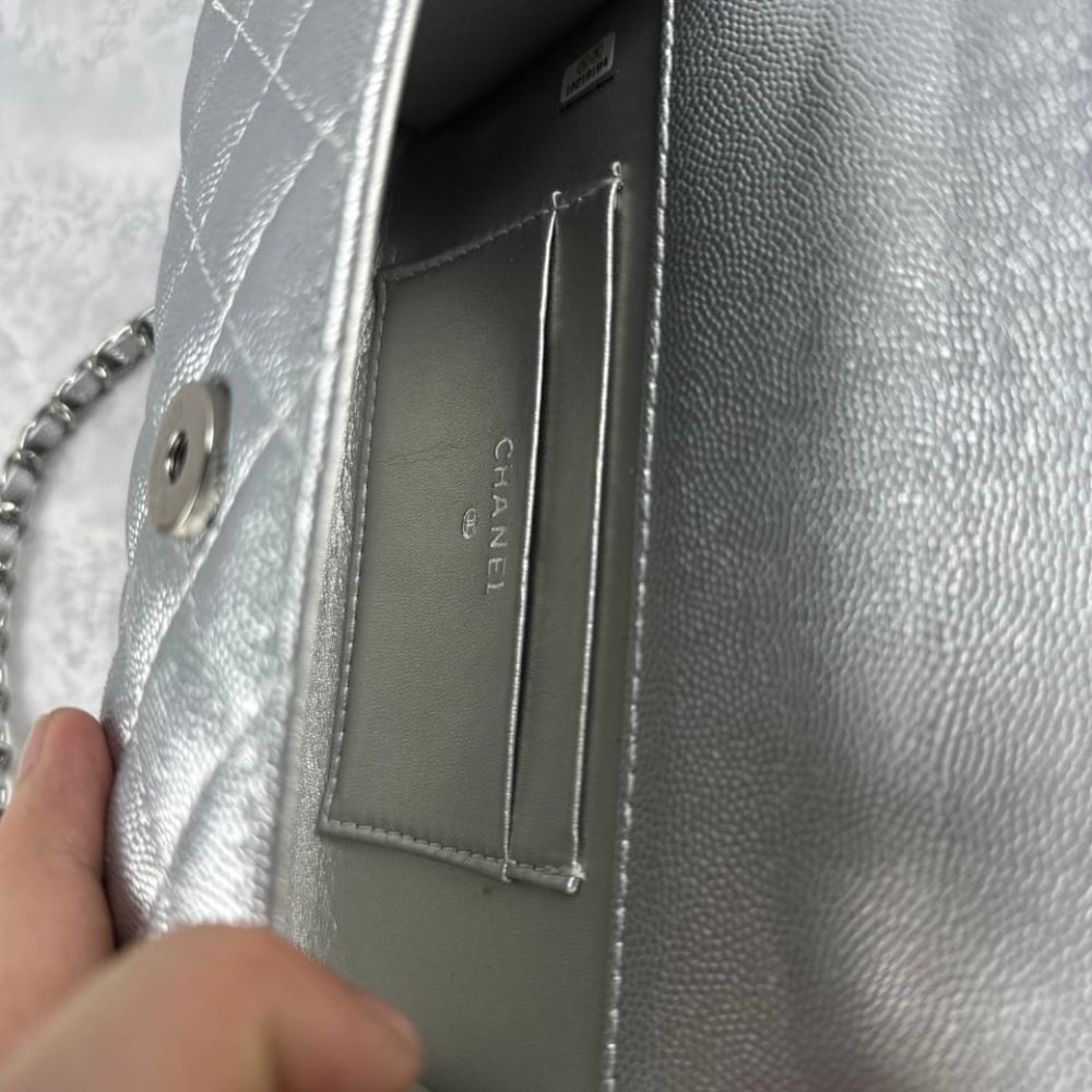 Ch**el 23P Clutch With Chain Bag Grained Leather Silver 18cm