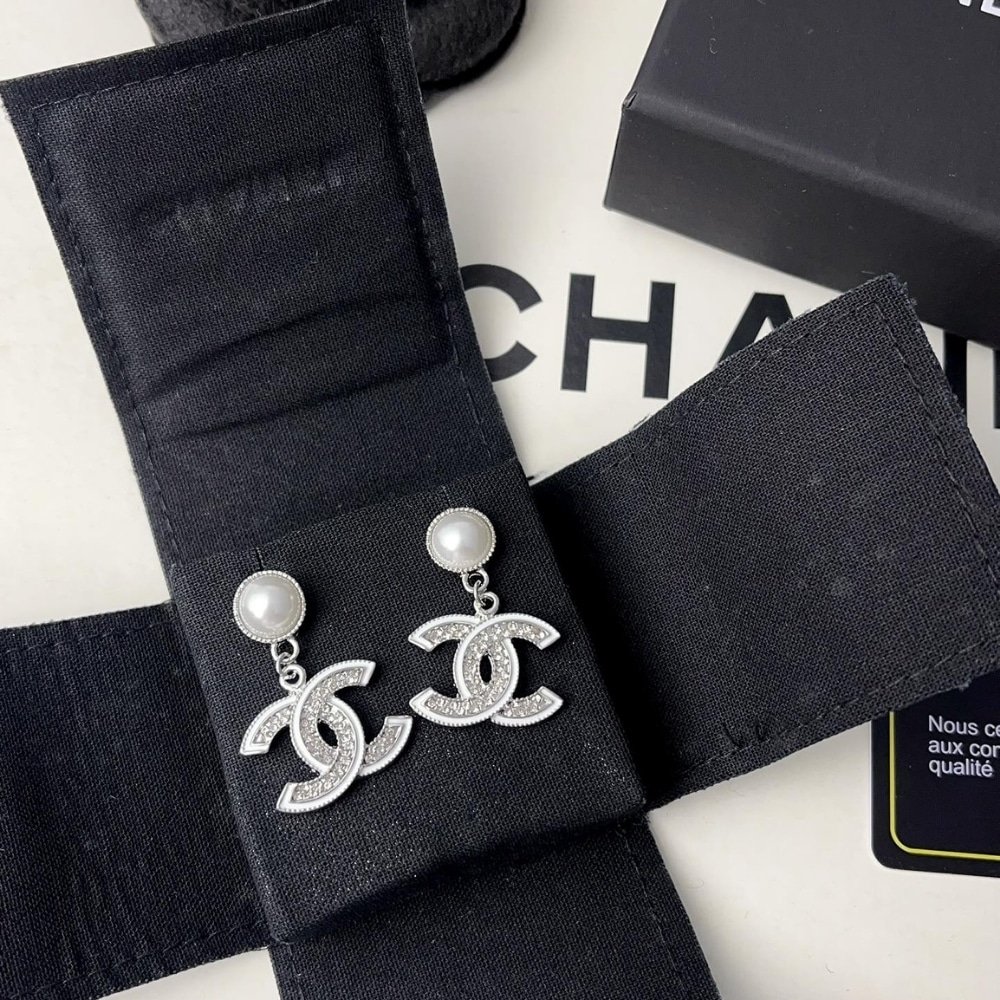 Ch**el Double C Pearl Earrings Silver White