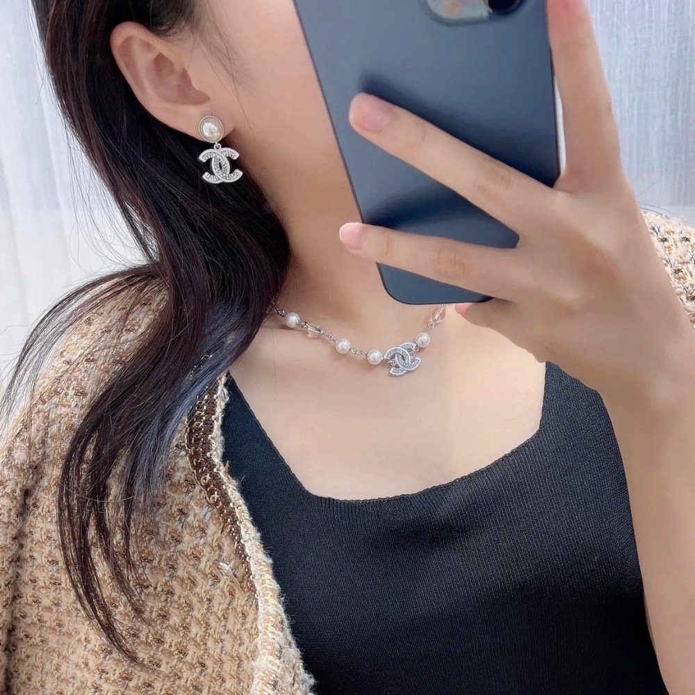 Ch**el Double C Pearl Earrings Silver White