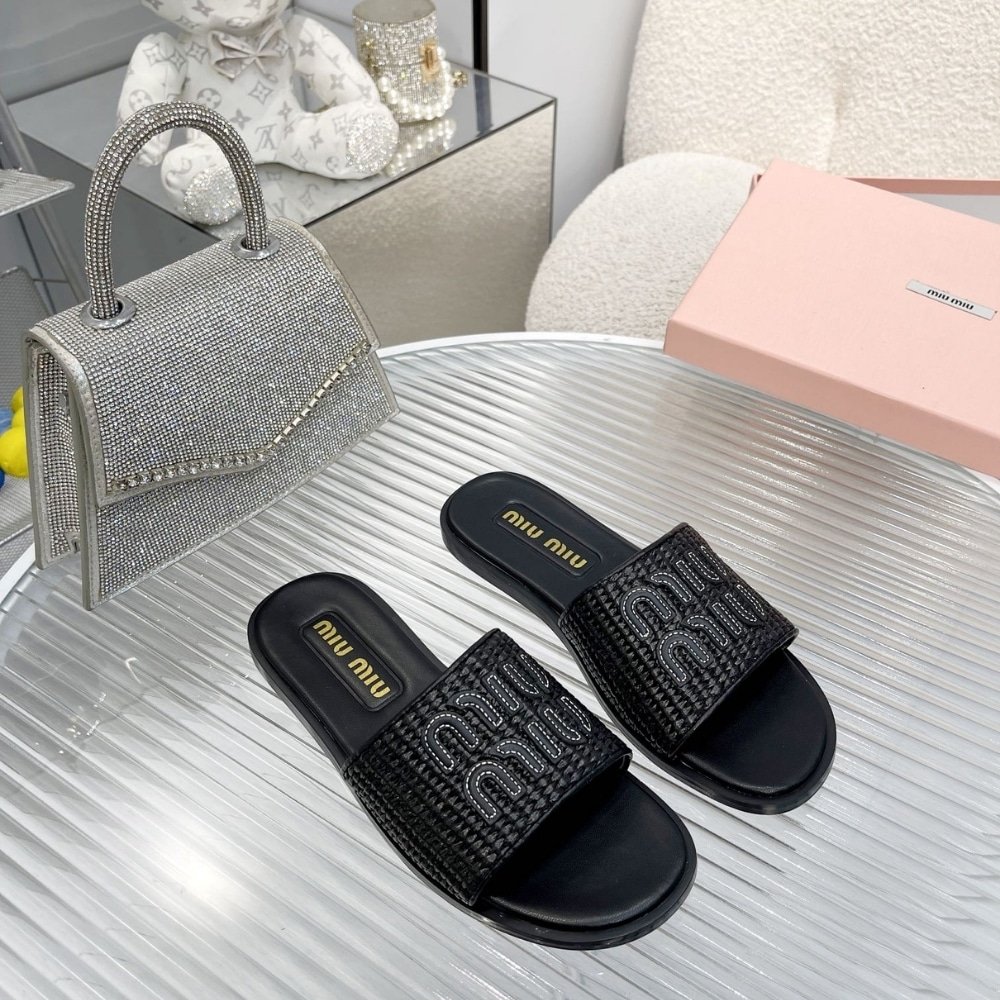 M1um1u Raffia Effect Woven Fabric Slides Black 5Xx644 3Lom F0002 F 005