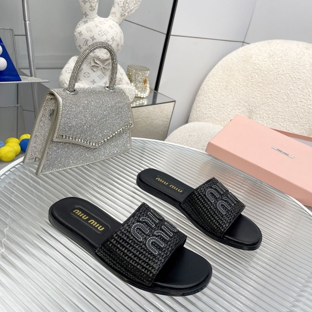 M1um1u Raffia Effect Woven Fabric Slides Black 5Xx644 3Lom F0002 F 005