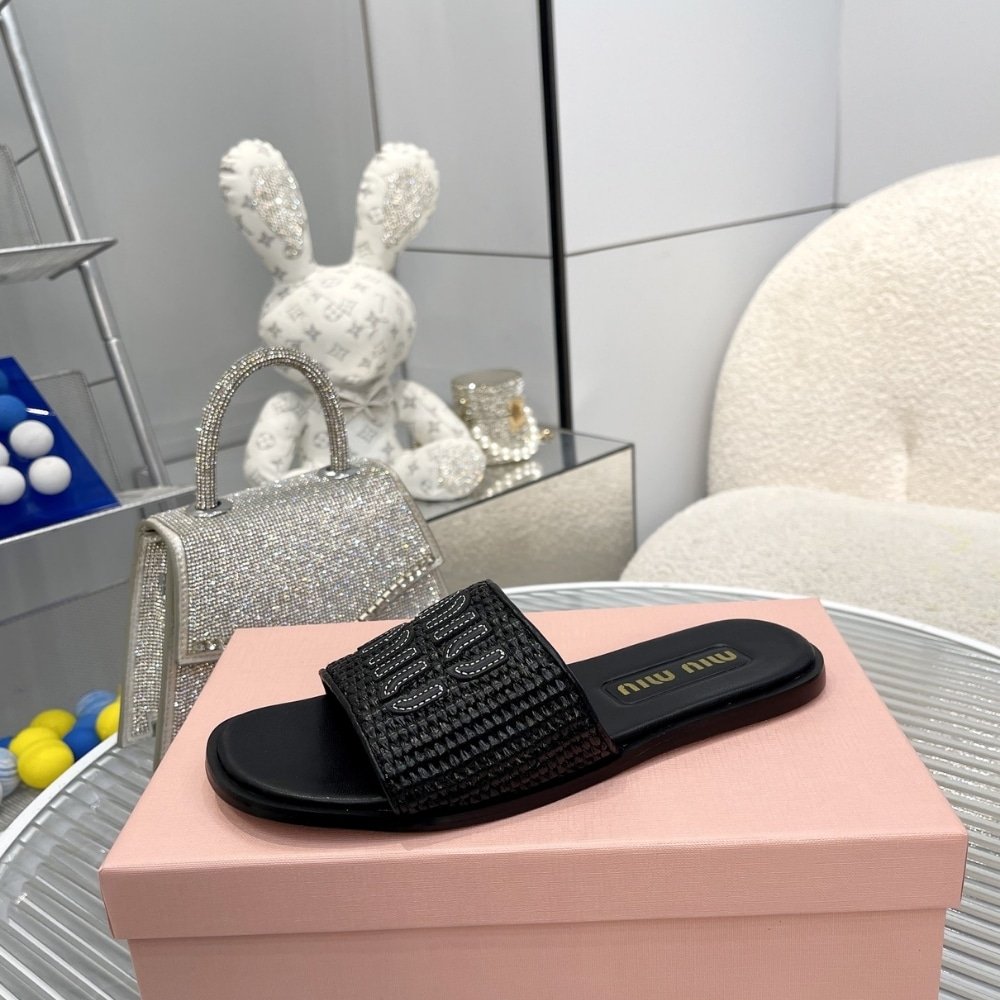 M1um1u Raffia Effect Woven Fabric Slides Black 5Xx644 3Lom F0002 F 005