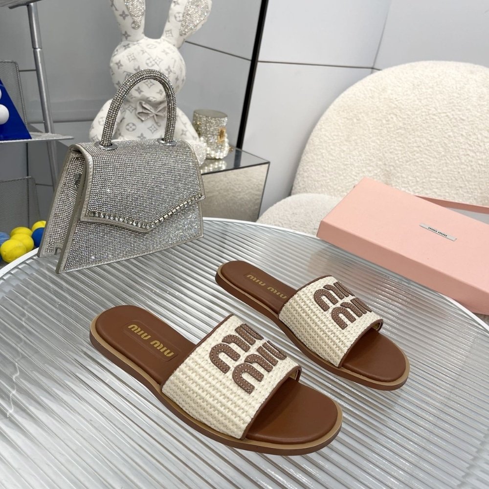 M1um1u Raffia Effect Woven Fabric Slides Natural 5Xx644 3Lom F0018 F 005