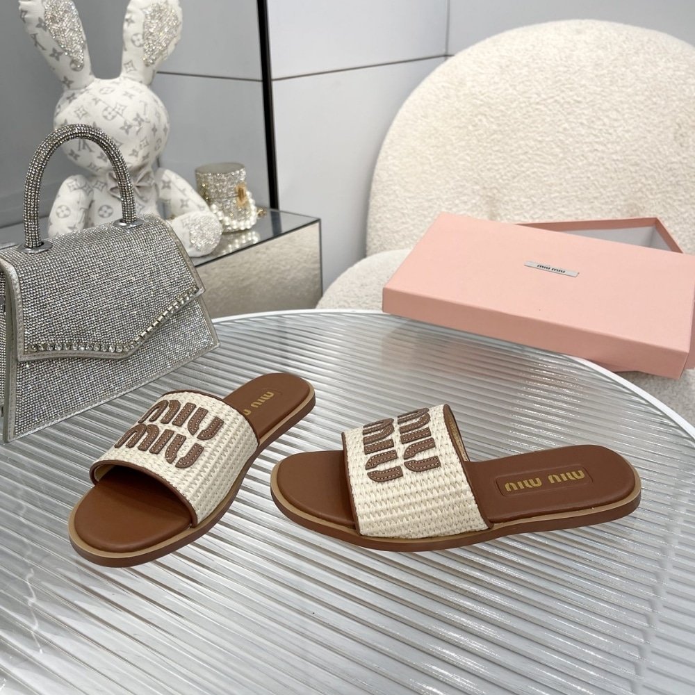 M1um1u Raffia Effect Woven Fabric Slides Natural 5Xx644 3Lom F0018 F 005