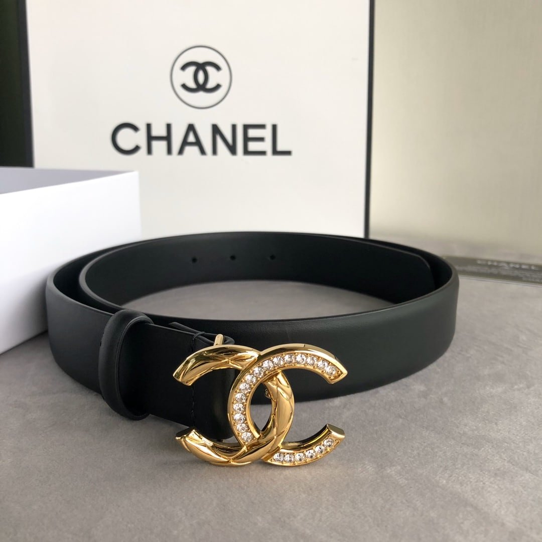 Ch**el Leather Belt With Cc Pearl And Gold Tone Metal Black 3Cm
