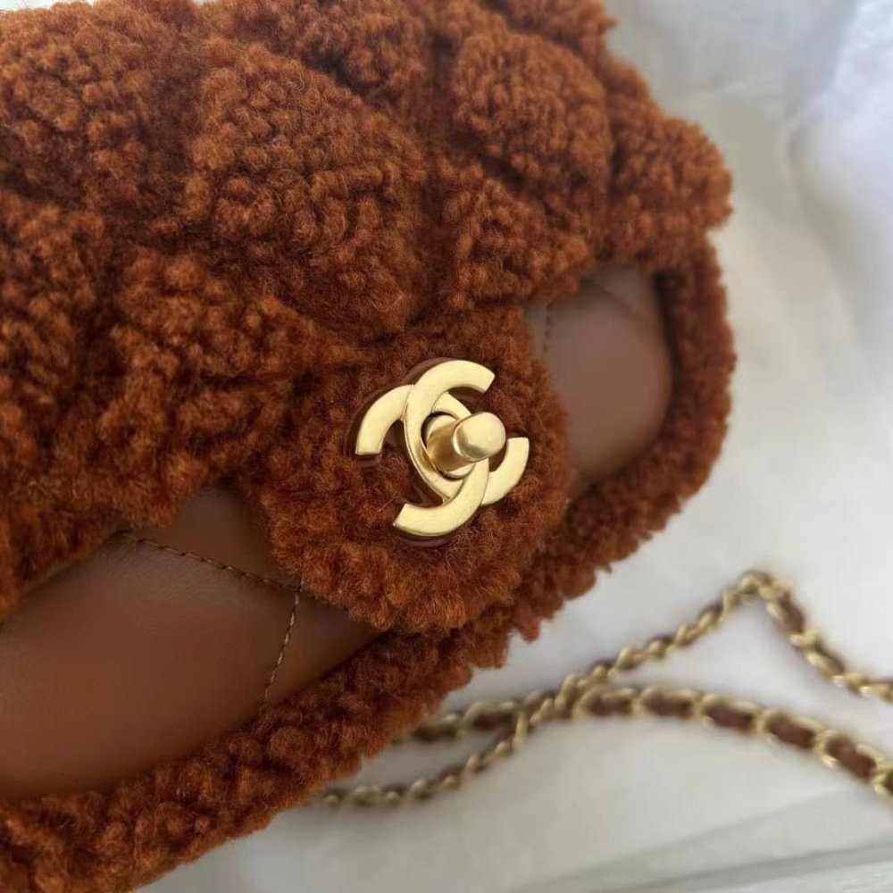 [S*per Vip 1:1] Ch**el Flap Bag Teddy Shearling And Gold Tone Metal Brown 19Cm