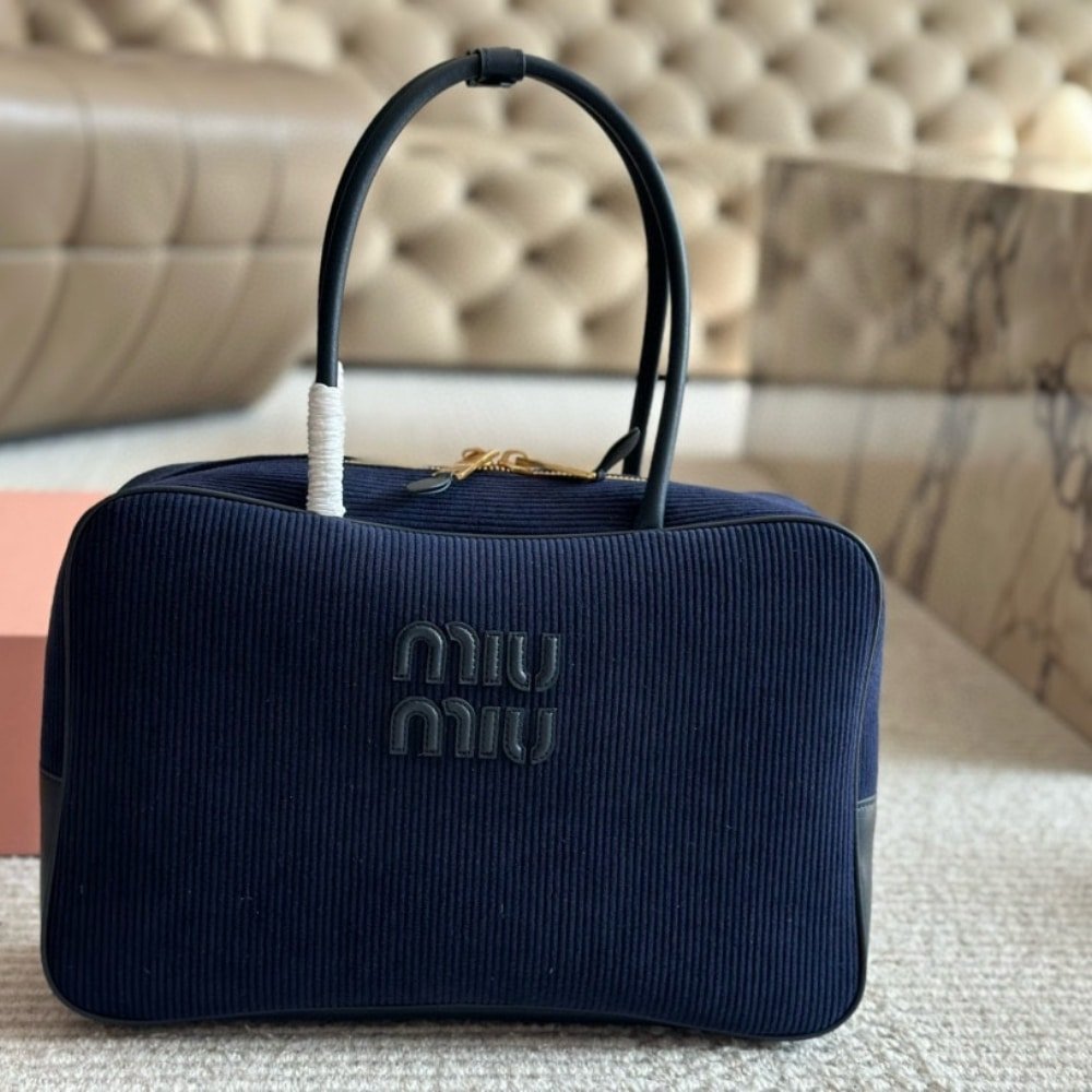 M1um1u Beau Corduroy Top Handle Bag Navy 35Cm 5Bb163 2F81 F0124 V Ooo