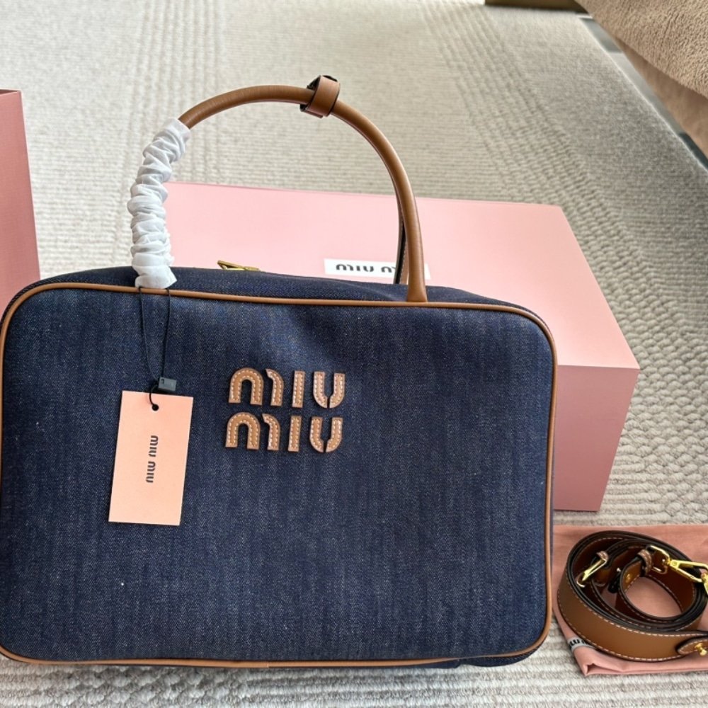 M1um1u Beau Denim Top Handle Bag Blue 35Cm