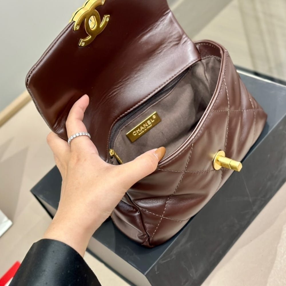 Ch**el 19 Flap Bag Shiny Gold And Silver Tone Brown 20Cm