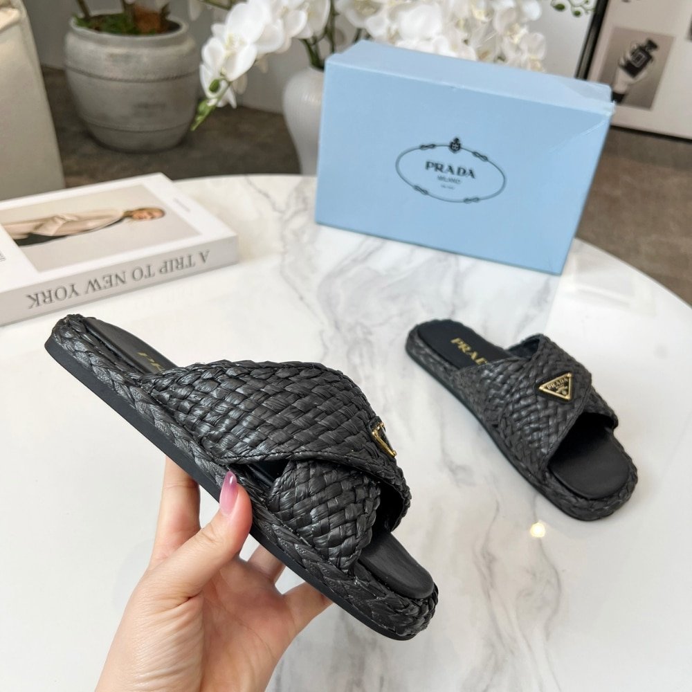 Pra*a Raffia Crisscross Slides Black 1Xx750 027 F0002 F 020