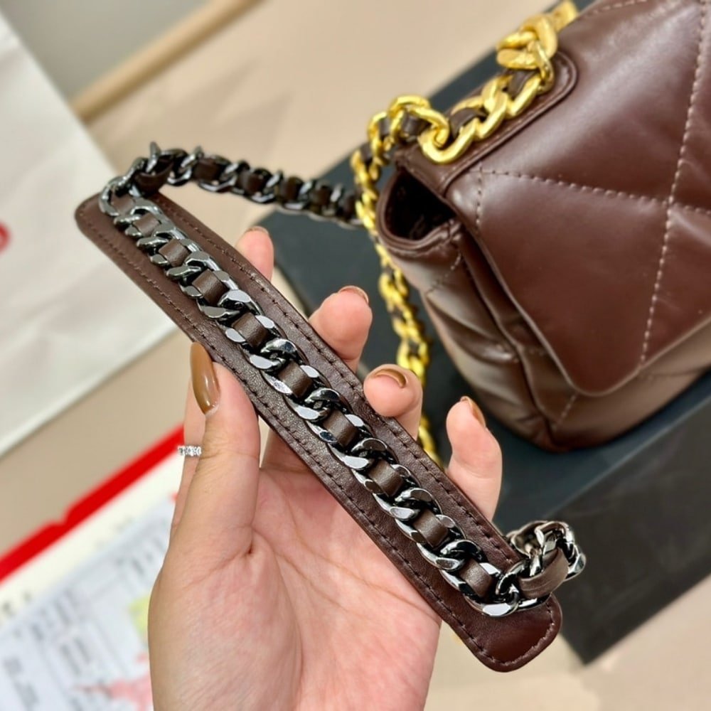 Ch**el 19 Flap Bag Shiny Gold And Silver Tone Brown 20Cm