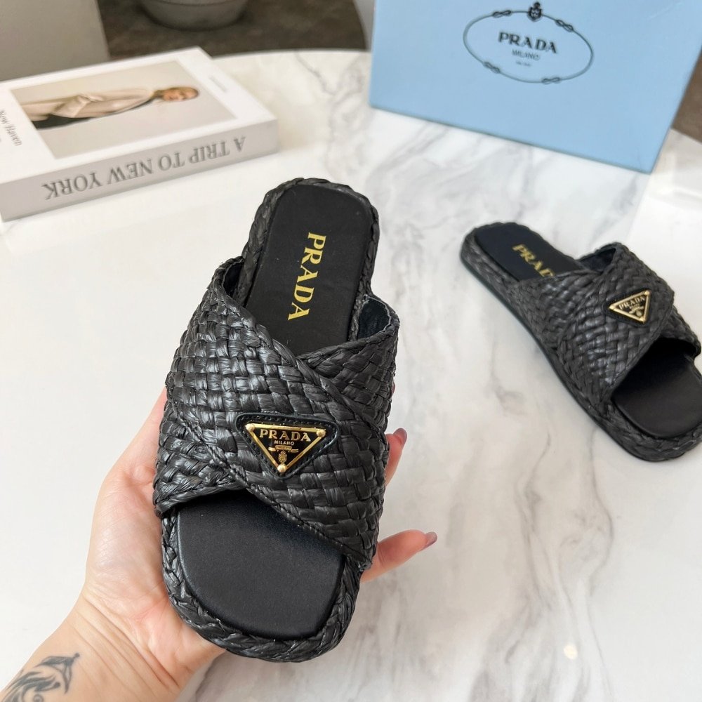 Pra*a Raffia Crisscross Slides Black 1Xx750 027 F0002 F 020