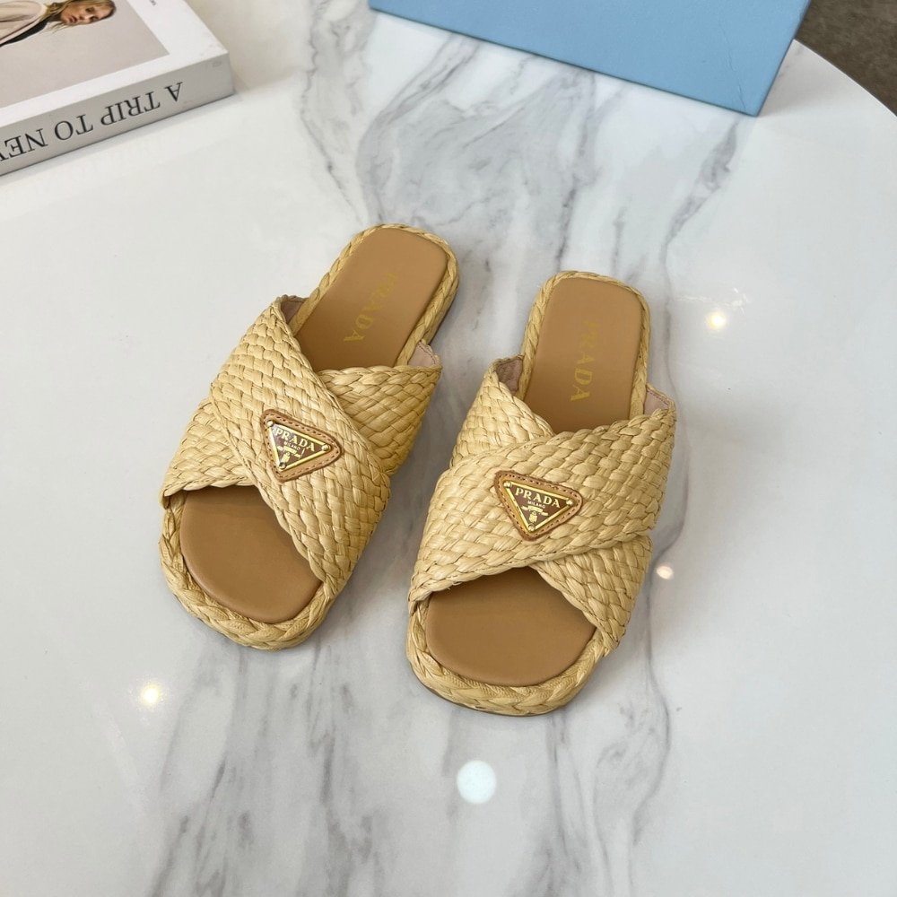 Pra*a Raffia Crisscross Slides Natural