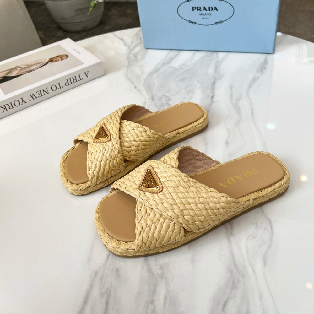 Pra*a Raffia Crisscross Slides Natural