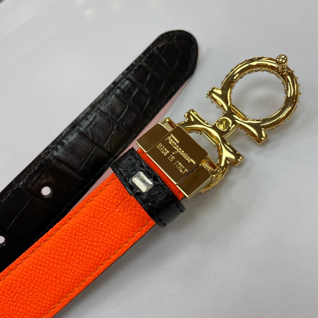 Salvatore Ferragamo Gancini Leather Belt With Gold Metal Pearls Buckle 2.5Cm