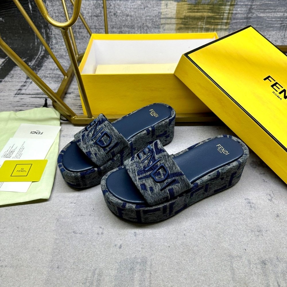F**di Sunshine Ff Denim Flatform Slides Blue 8R8515Aosif1Pze