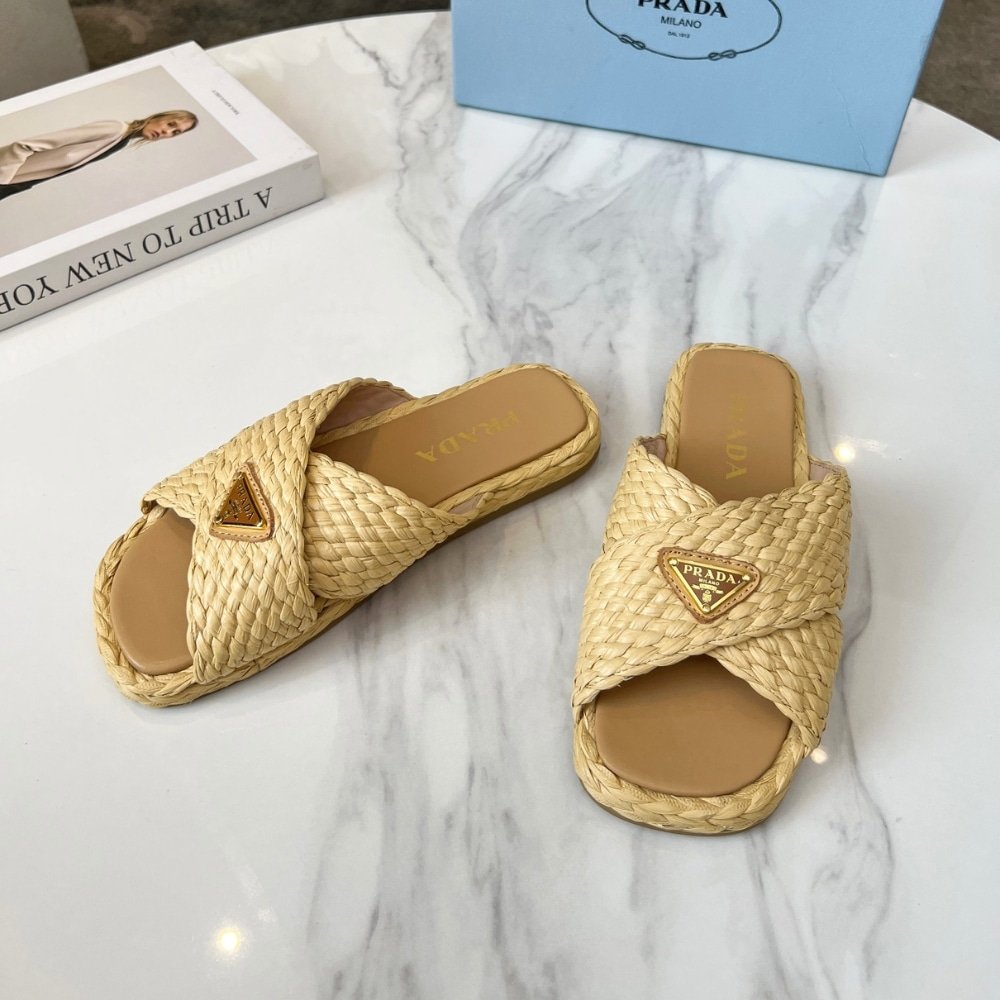 Pra*a Raffia Crisscross Slides Natural