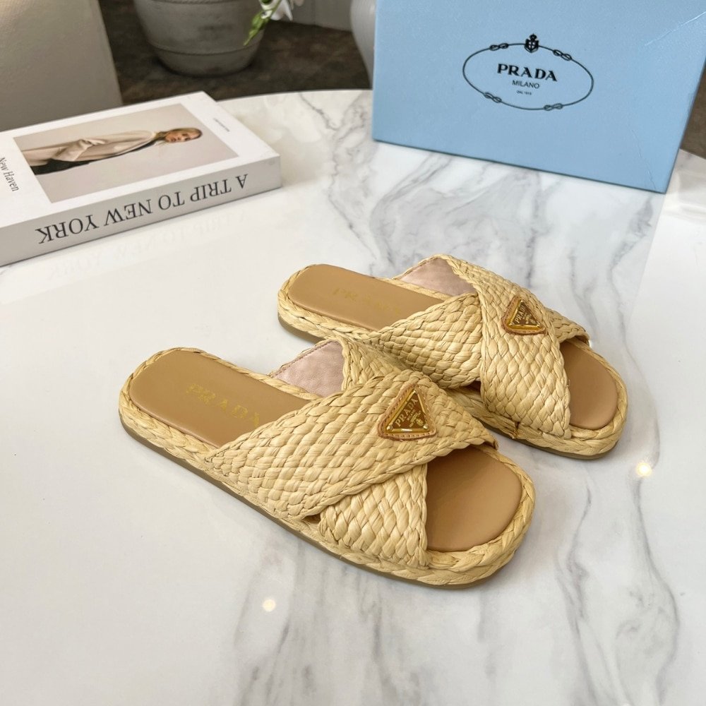 Pra*a Raffia Crisscross Slides Natural