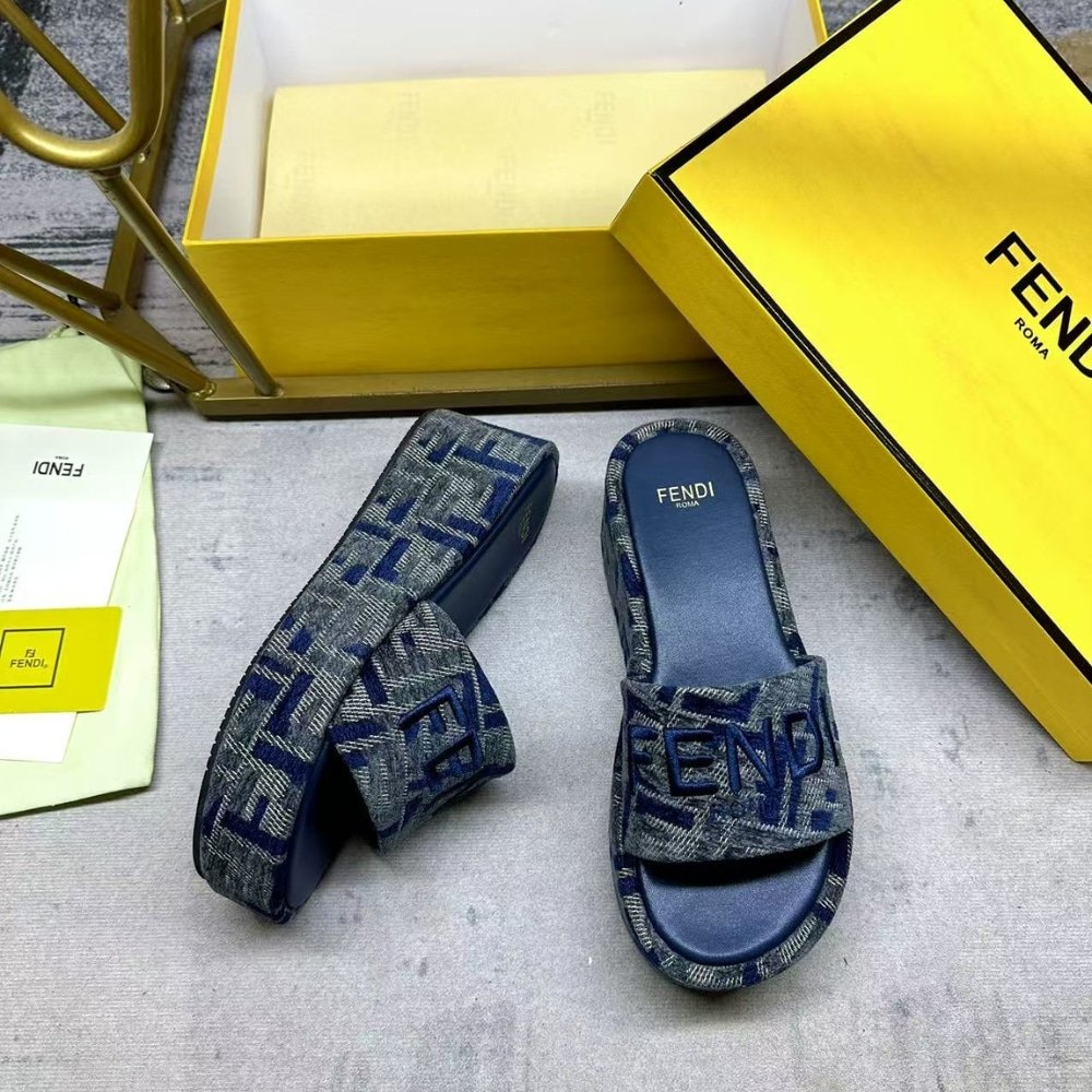 F**di Sunshine Ff Denim Flatform Slides Blue 8R8515Aosif1Pze
