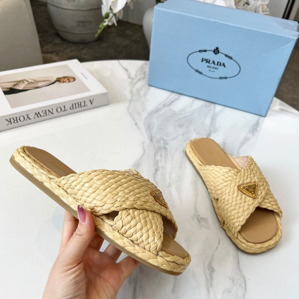 Pra*a Raffia Crisscross Slides Natural